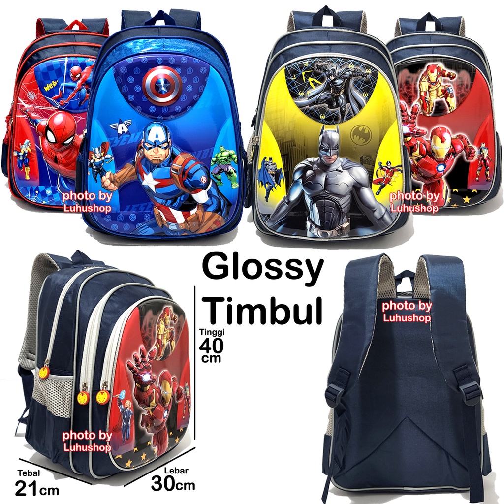 Glossy Timbul Tas TK SD Ransel Anak Laki Laki Timbul Sekolah Cowok Superhero Captain Batmen Spidermen Ironmen