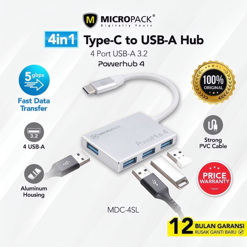 Micropack MDC-4 SL Powerhub4 4 Port USB 3.2 Aluminum Type-C USB HUB