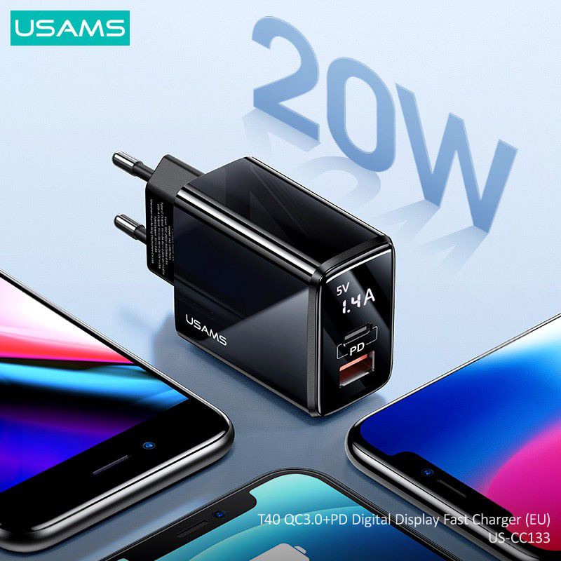 USAMS T40 Charger Fast Charge Digital Display PD20W + QC3.0