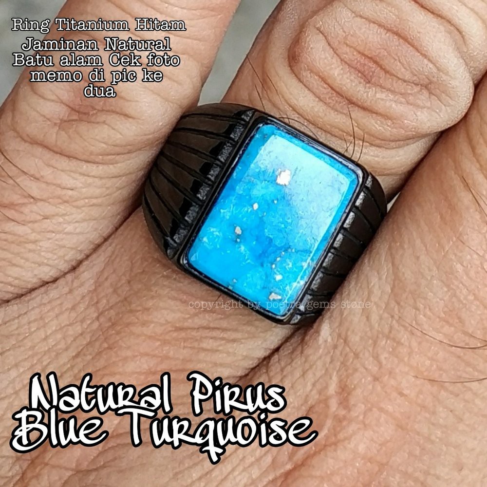 CINCIN BATU AKIK NATURAL PIRUS BIRU TURQUOISE MINIMALIS OCTAGON TITANIUM MINIMALIS