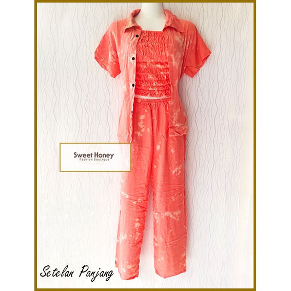 Sweet Honey ~ Setelan 3in1 Tiedye Pajamas Kemeja Kemben Kerut Celana Panjang Camisol Tiedye Bali