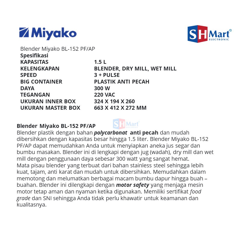 MIYAKO BLENDER PLASTIK 1,5 LITER BL-152PF / BL 152PF (MEDAN)