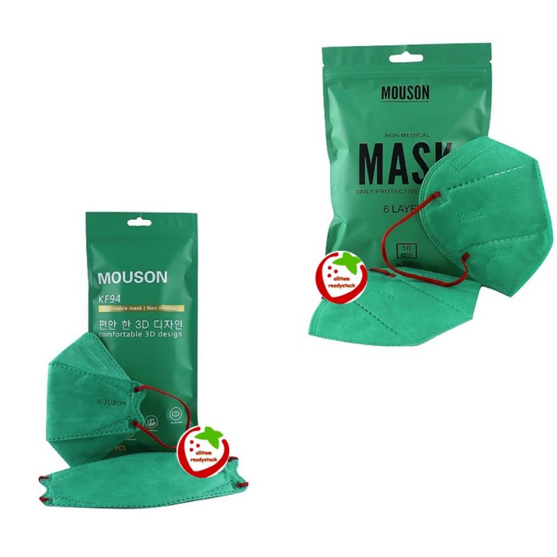 10PCS MASKER NATAL KF94 KN95 WARNA HIJAU TALI MERAH EARLOOP 4PLY DAN 5PLY MOUSON KAWAT HIDUNG KEMASA