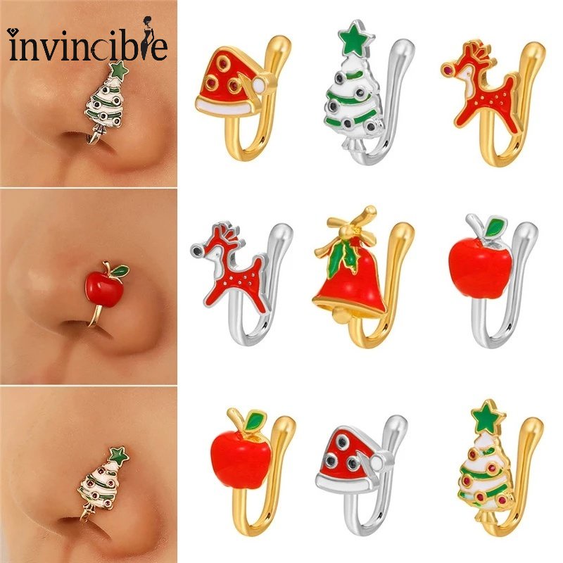 Cincin Tindik Hidung Bentuk U Desain Santa Claus Bell Bahan Tembaga Alloy Untuk Wanita