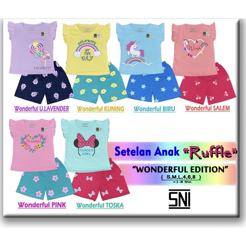 Setelan anak ruffle Kelfi umur 1-8 tahun wonderful edition baju setelan anak perempuan sehari hari