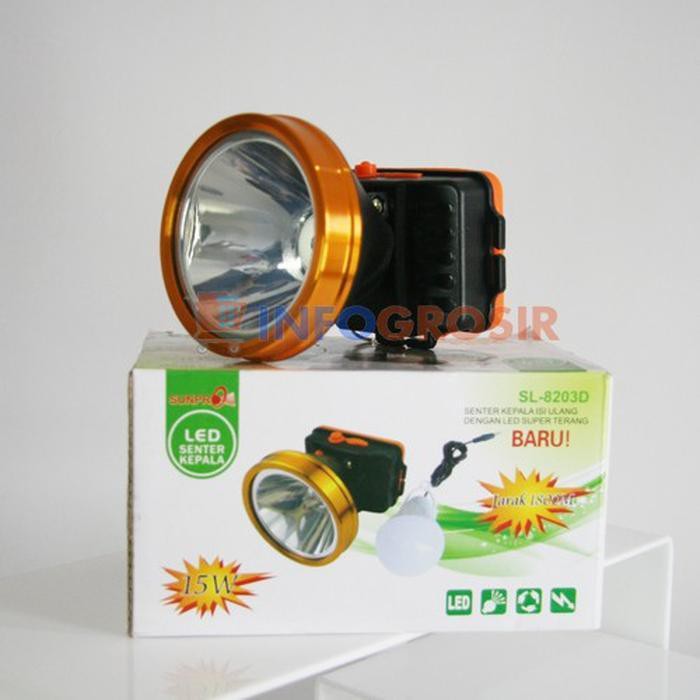 Jual  Senter Kepala Headlamp Sunpro SL 8203D Putih 15 Watt Charger Original Murah