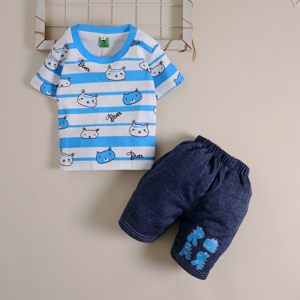 Nuna Store HeroSix Motif Bear Line / Setelan Baju Anak Bayi Laki-laki / Anak Bayi Cowok 6 Bulan - 3 Tahun