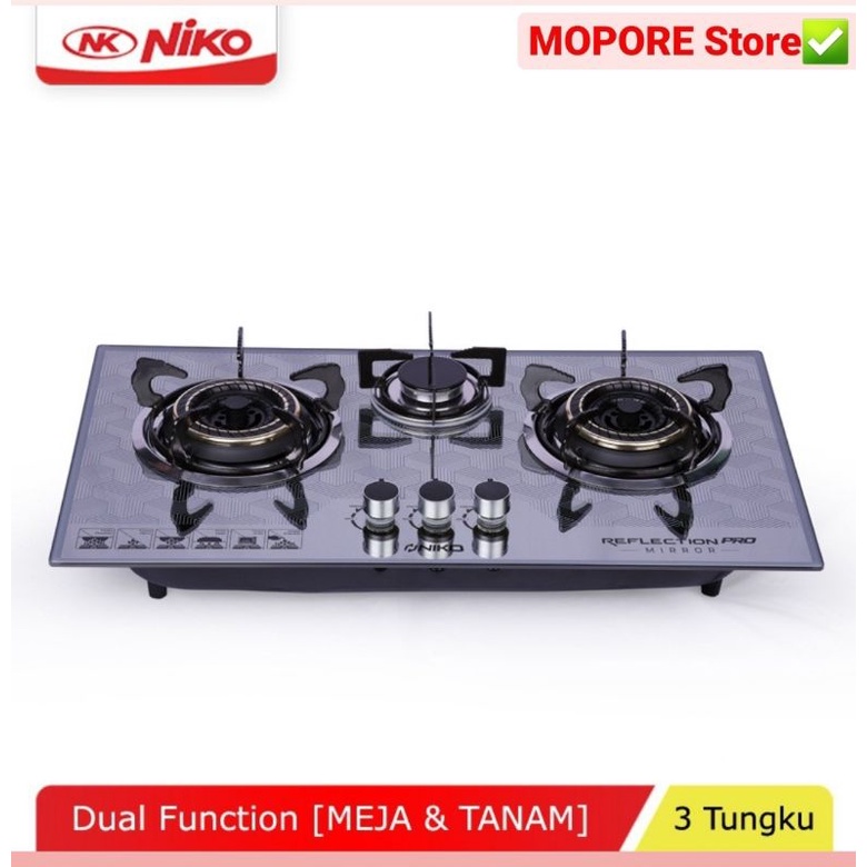 NIKO Kompor Gas Tanam/Duduk Bahan Kaca 3 tungku Reflection MIRROR PRO Design Elegan