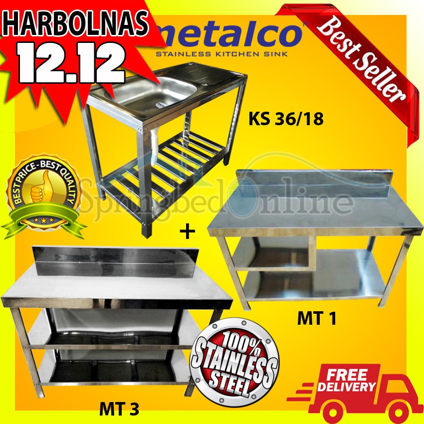 Paket Metalco Sink Stainless MS 36 &amp; Meja Kompor MT1 &amp; Meja Dapur MT3