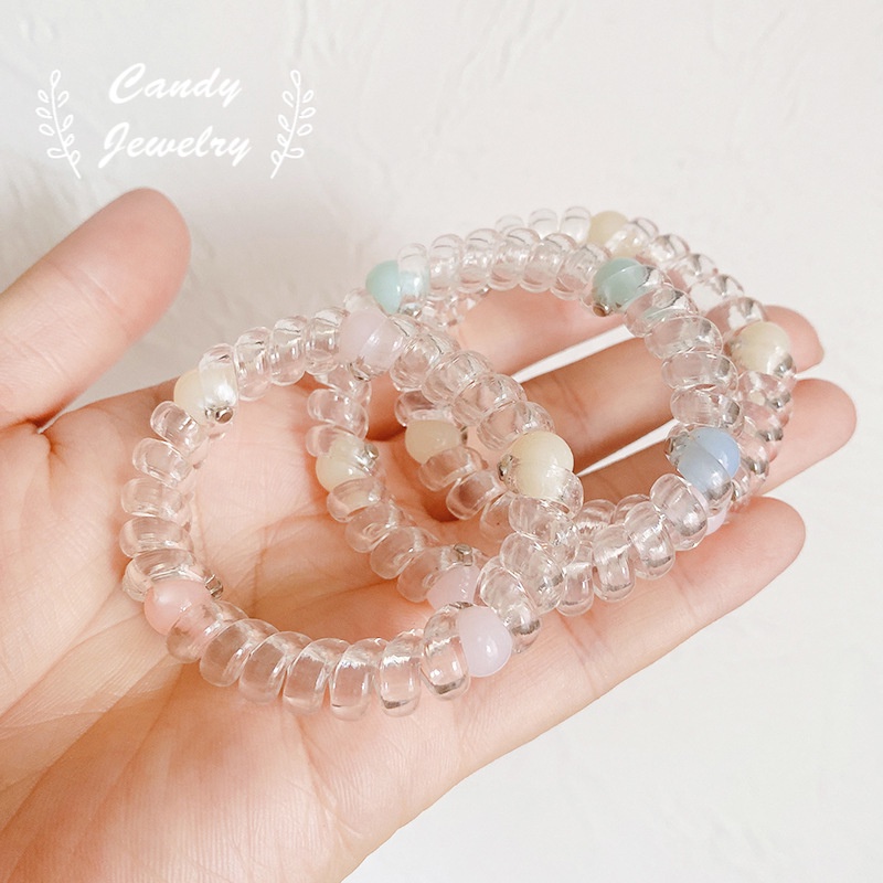 Candy Jewelry Fashion Korea Telephone line Hairbands Transparent Bead Headbands Elastic Hair Ties Scrunchies for Women and Girls