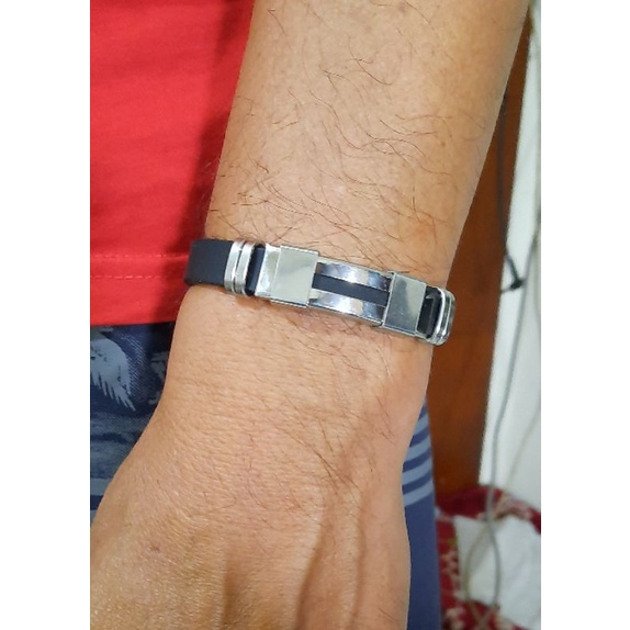 Gelang Tangan Pria Kulit Silikon Plat Titanium Stainless Steel