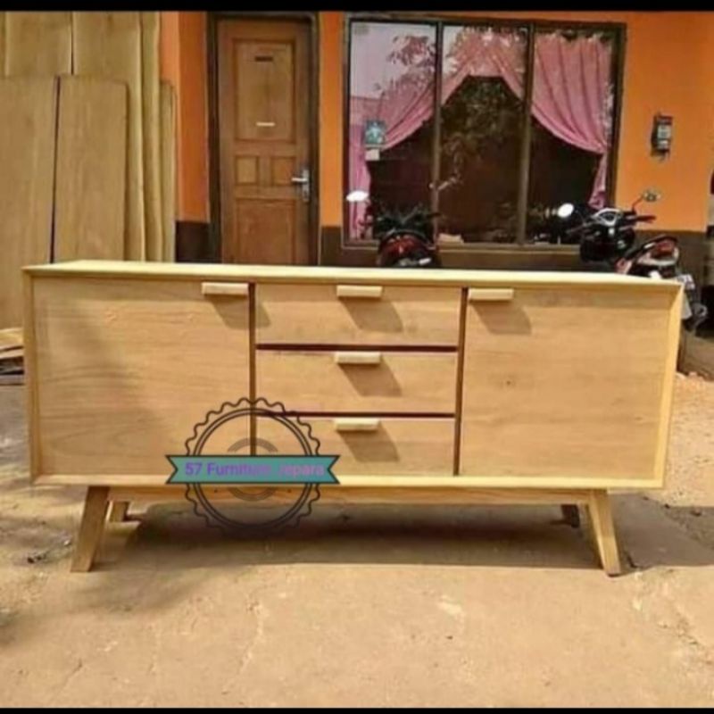 Lemari sekat ruang tamu jati mentahan bufet pendek hias retro