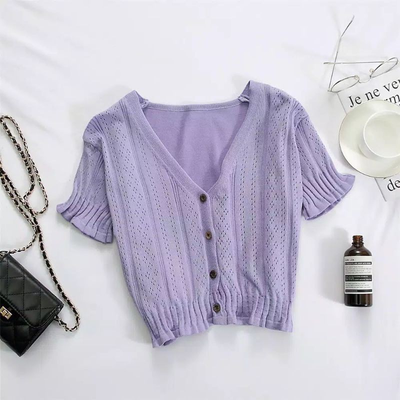 BAJU LILAC RAJUT LASERCUT LENGAN PENDEK KOREA IMPORT