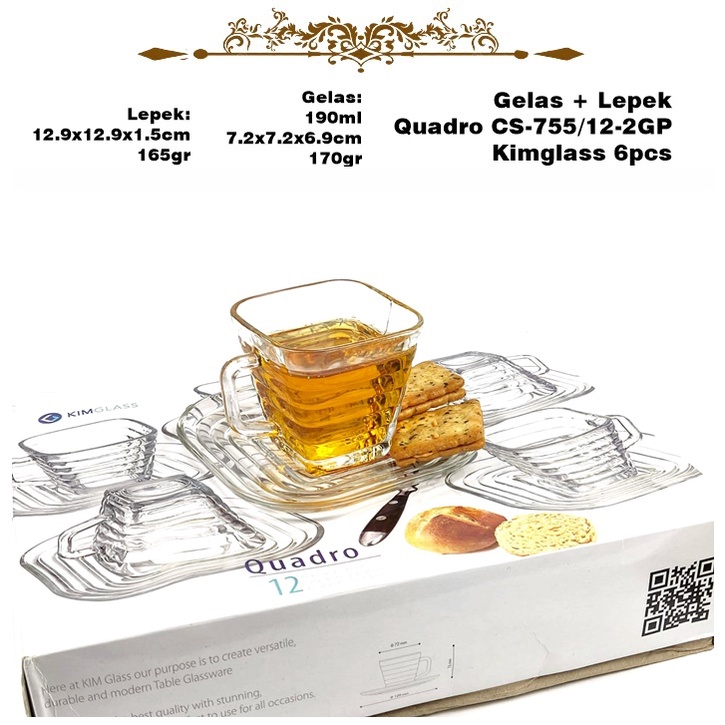 Set Gelas+Lepek Quadro CS-755/12-2GP KIMGLASS Isi 6 Set