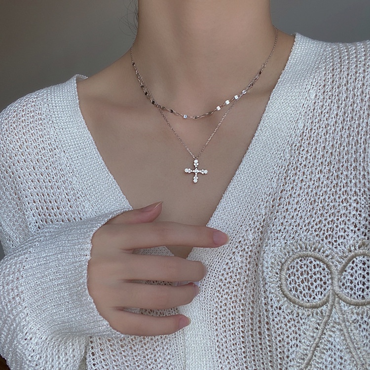 Kalung Rantai Klavikula Pendek Lapisan Ganda Bahan S925 Silver Dengan Liontin Salib