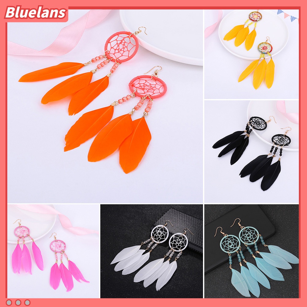 Anting Kait Gantung Desain Dream Catcher Hollow Hias Manik-Manik Bulu Gaya Bohemia Untuk Wanita