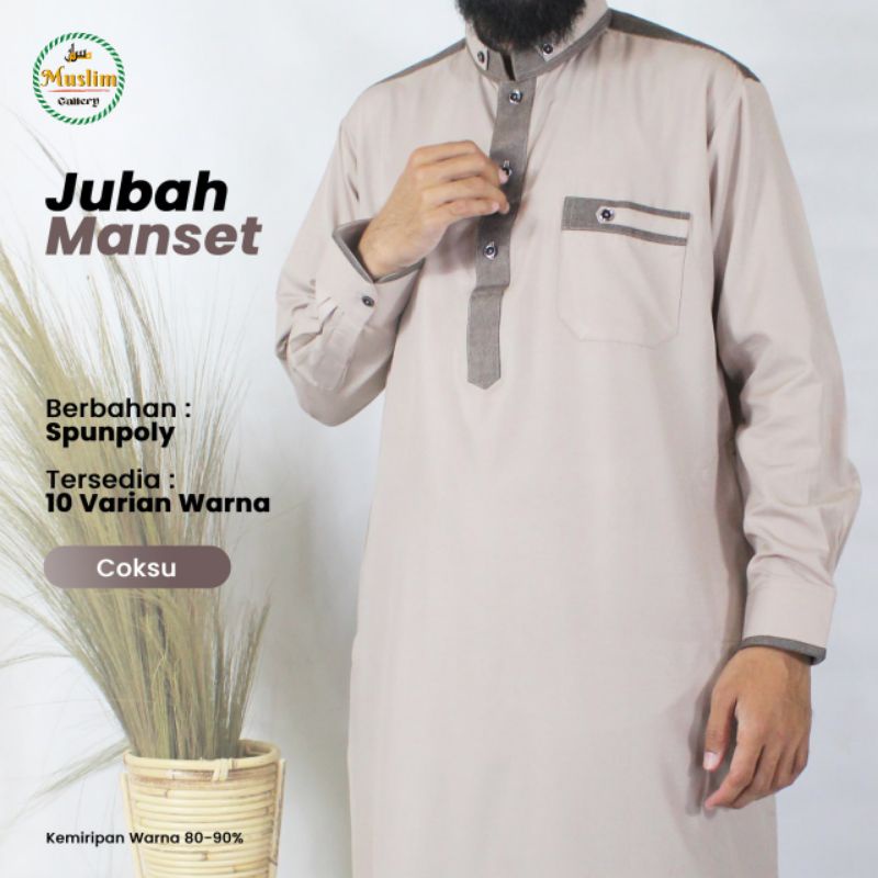 Baju Jubah Gamis Pria Lengan Panjang Model Saudi Bahan Katun Dengan Manset di Lengan-Cokelat Susu