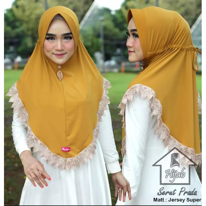 Jilbab Instan Serut Prada Renda Import Jersey Super Premium Model Bergo Terbaru-Mustard