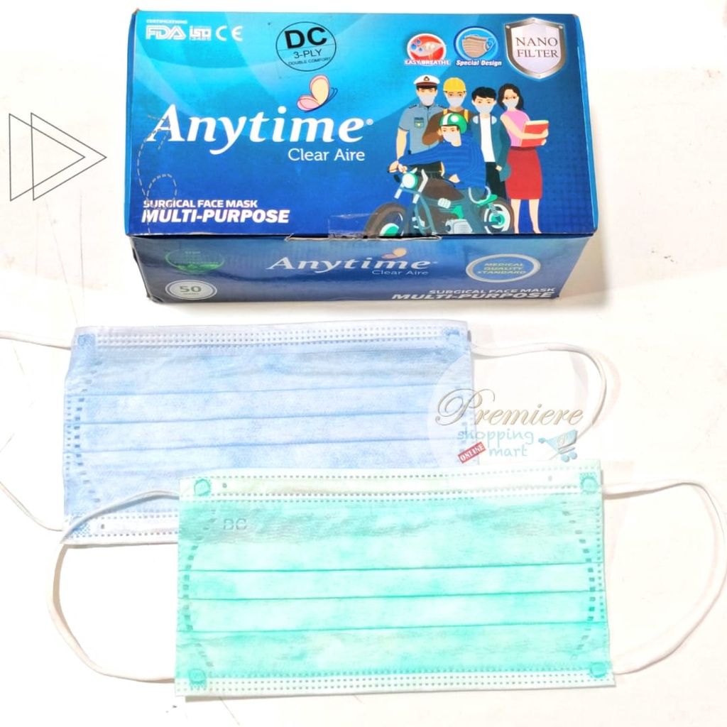 Masker Earloop Anytime 3 Ply Clear Aire Surgical Face Mask Multi Purpose Nano Filter - Box Isi 50 Pc