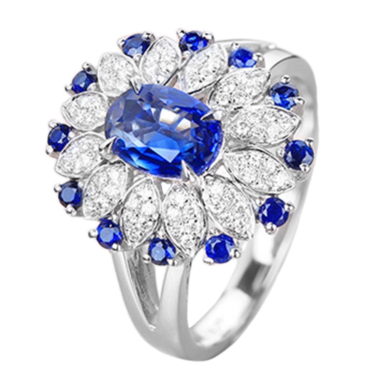 Fancyqube Cincin Model Terbuka Bentuk Bunga Oval Bahan Cubic Zirconia Biru Gaya Vintage Untuk Wanita