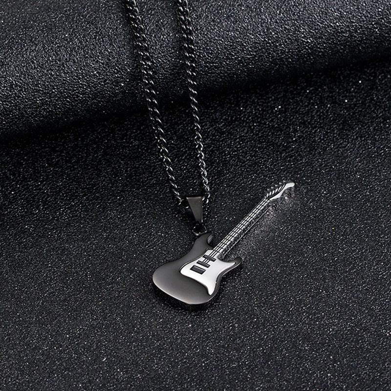 Kalung Rantai Liontin Gitar Musik Rock Warna Emas Hitam Silver Bahan Titanium Steel Untuk Pria Dan Wanita