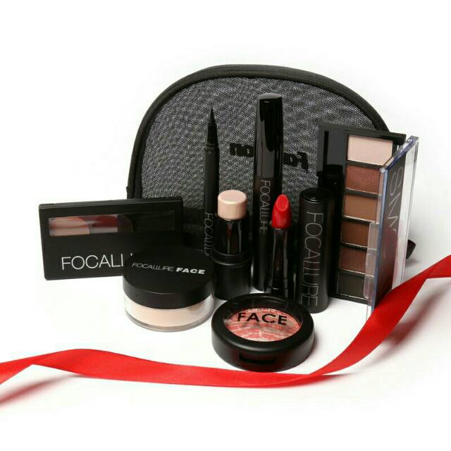 Focallure make up set 8 in 1 plus pouch lipstick maskara contour highlight blush on bedak eyeshadow
