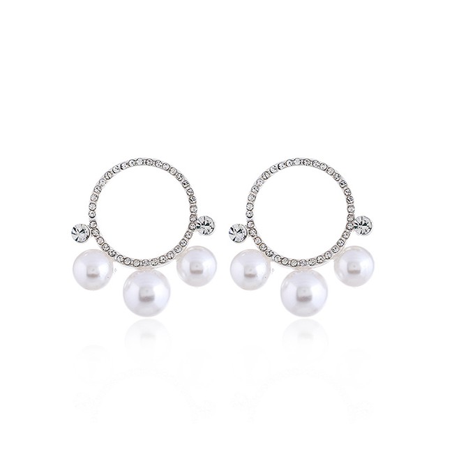 LRC Anting  Fashion Silver Color Full Pearls&amp;diamond Design Simple Earrings