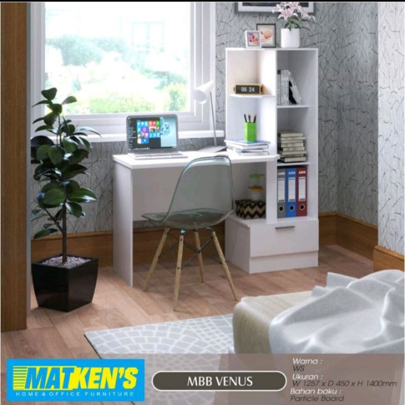 Meja belajar kerja kantor rak buku full putih MBB Venus - CARGO