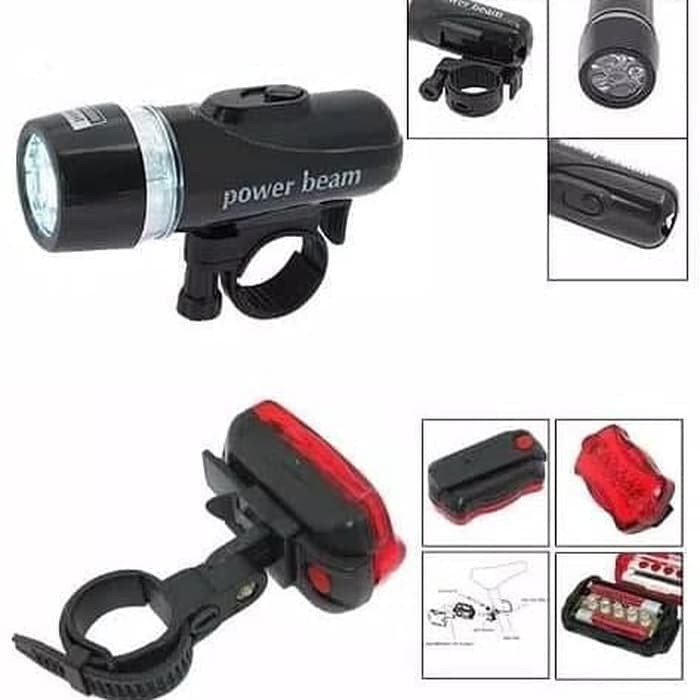 Lampu Sepeda Power Beem - Senter Led 1 Set Depan Belakang Cahaya 50 Lumens 3 mode battery AAA