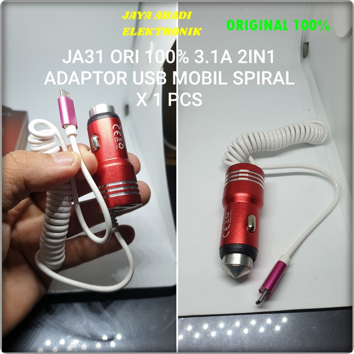 J31 ORIGINAL ADAPTOR MOBIL SPIRAL 2 PORT CHARGER SPRING 3A USB MICRO SUPPORT FAST CHARGING ADAPTIVE TRAVEL ADAPTER  mobil super fast charging micro usb 3A adaptive travel adapter saver cas casan aki accu ac dc charge handphone androit tc quick aki univer