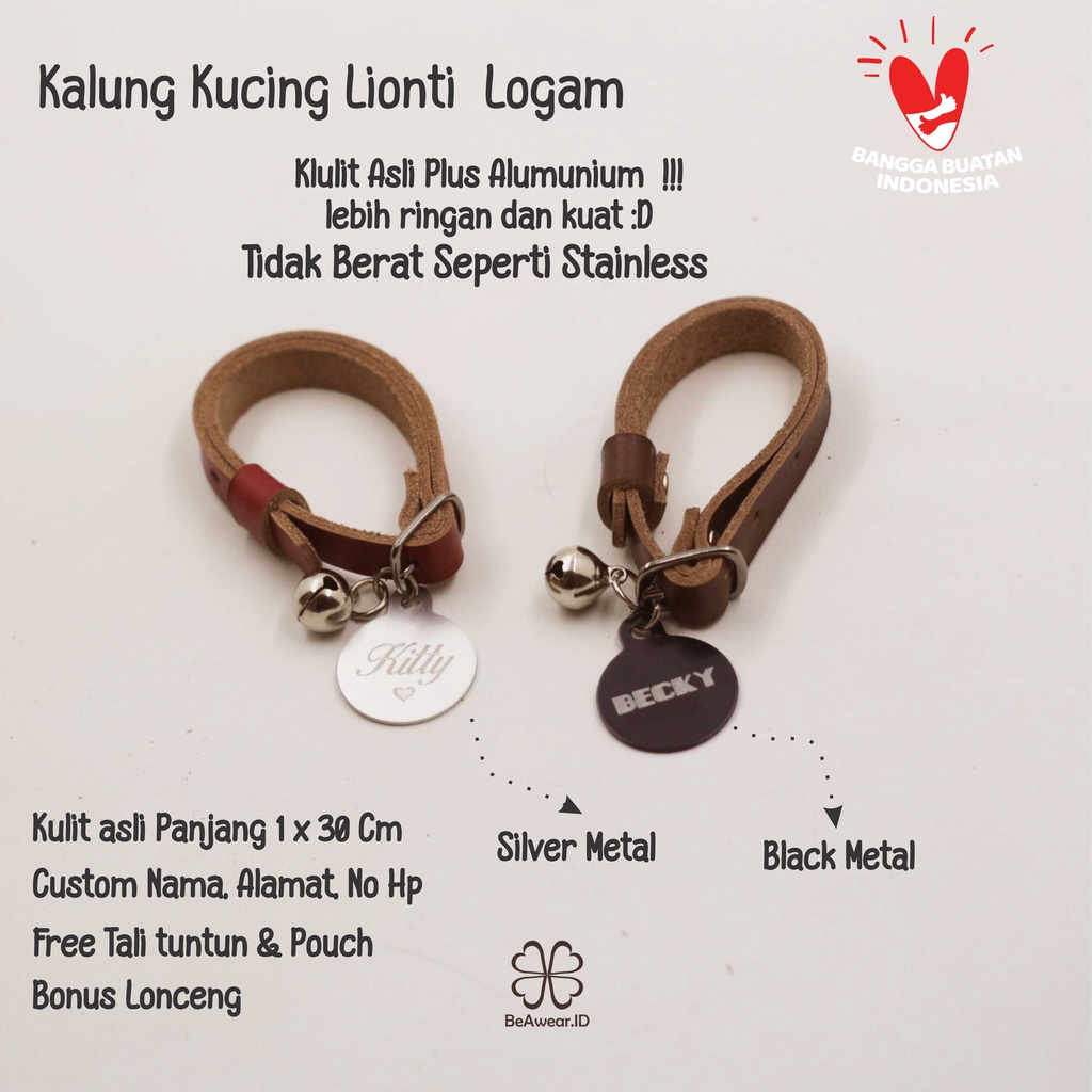 Kalung Kucing Custom Nama Bahan Kulit Asli Liontin Logam Ringan Kuat Anti Karat