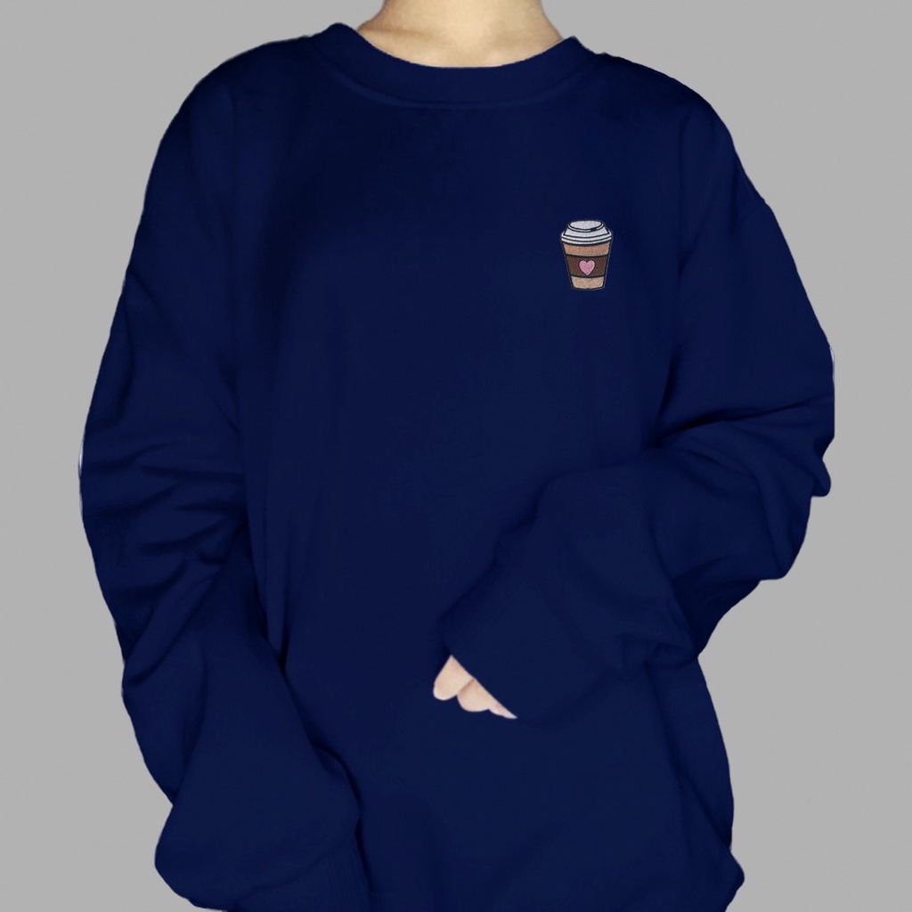 CREWNECK WANITA A CUP OF LOVE COFFEE BORDIR /// ATASAN WANITA LUCU FLEECE TEBAL HALUS KEKINIAN TERBARU''