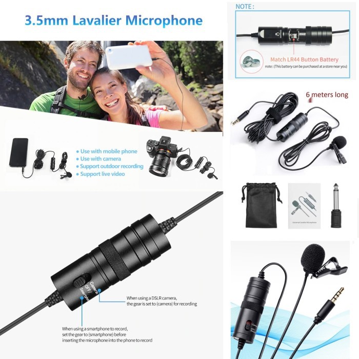 Lavalier Mic Microphone Condenser 3.5mm Klip on Kamera Smartphone DSLR