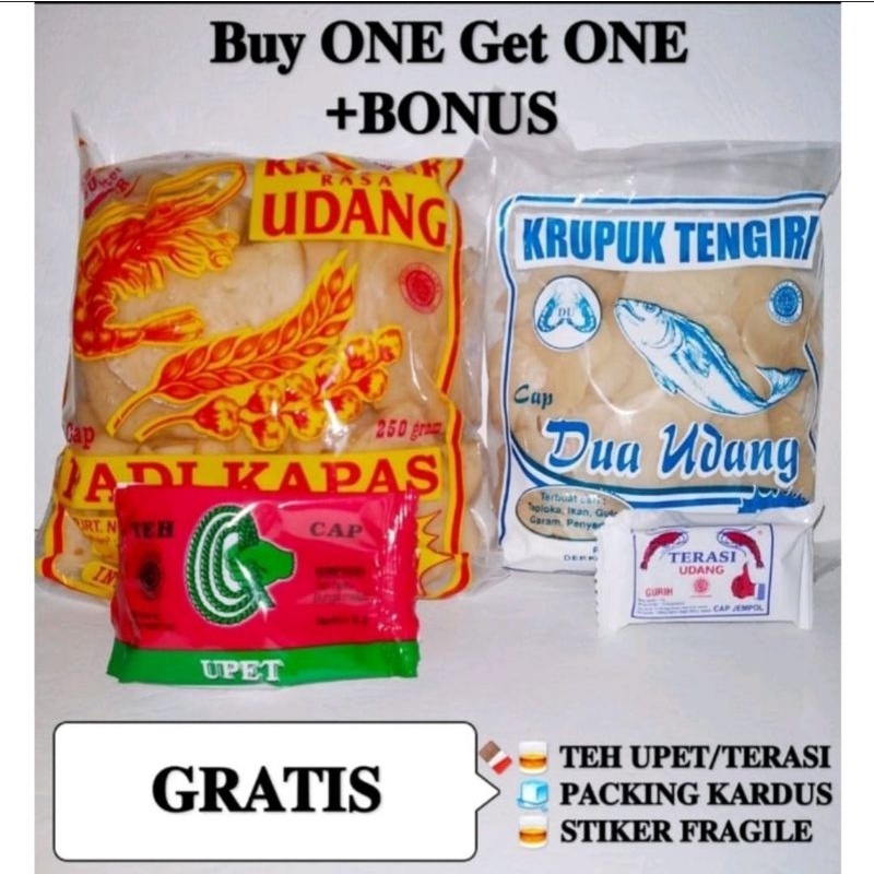 

PAKET HEMAT KERUPUK UDANG PADI KAPAS 250gr+ KERUPUK IKAN 150gram GRATIS terasi khas cirebon