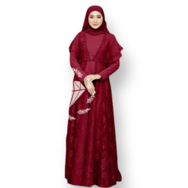 Gamis Wanita Maroon Brokat Baju Lebaran 2022 Dress Pesta Muslim Kondangan Ld 100