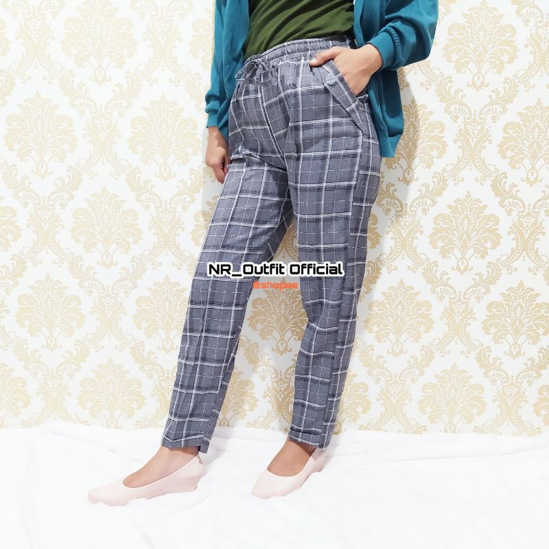 Celana Baggy Pants Wanita Motif Kotak-Kotak Salur Bahan Wanita All Size NR_Outfit Official COD