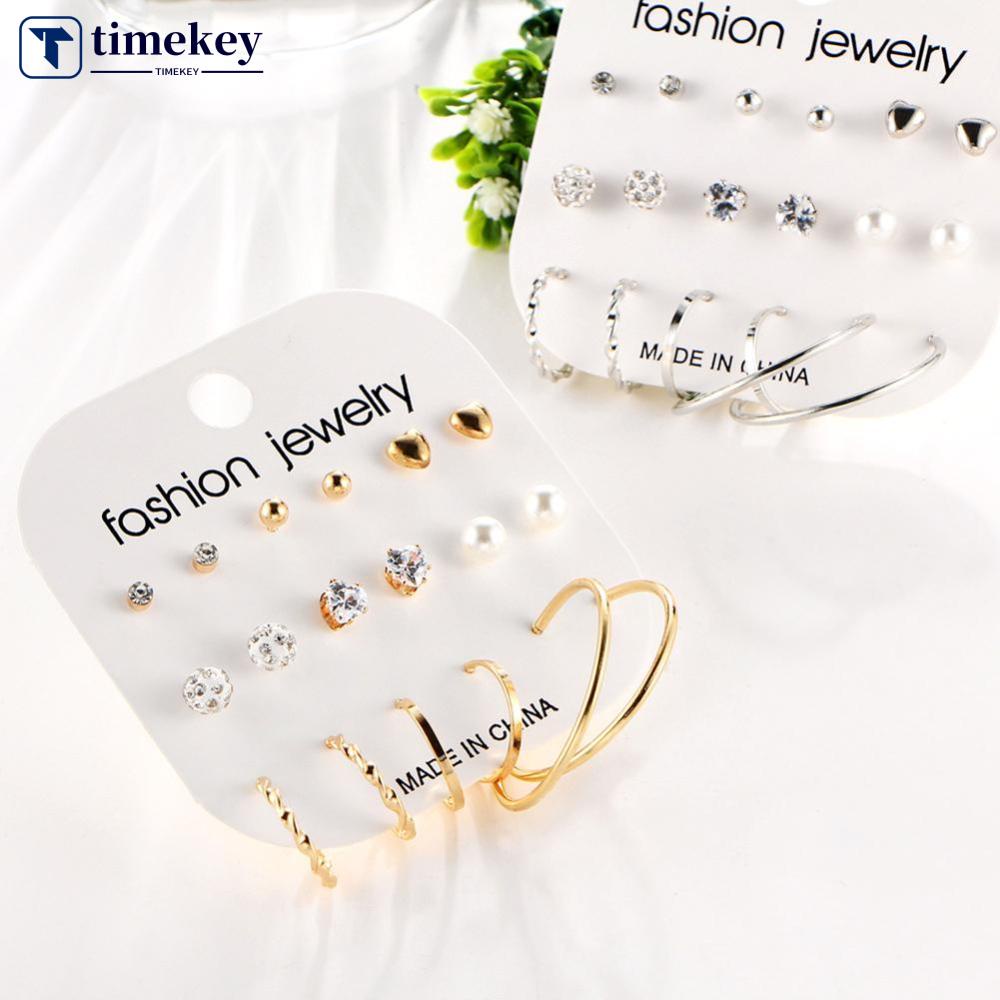 Timekey 9 Pasang / Set Anting Tusuk Desain Geometri Hias Zircon + Mutiara Untuk Wanita A2K6