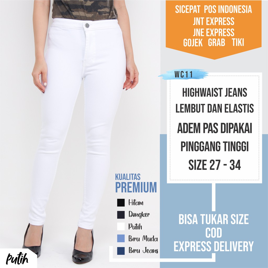 Highwaist Jeans Putih Jumbo Celana Panjang atas pinggang wanita high waist cewek kekinian melar WC11