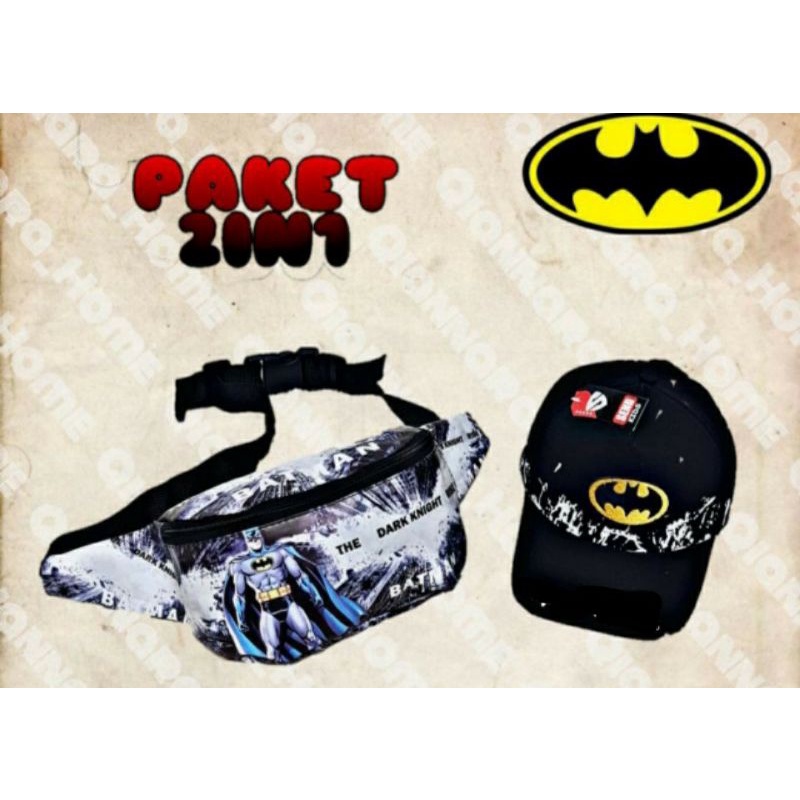 tas slempang anak laki laki+topi anak batman superhero bercak