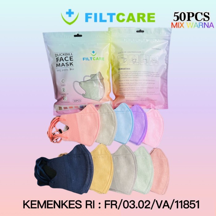 MASKER FILTCARE DUCKBILL WARNA 50PCS PREMIUM QUALITY 3D KEMENKES RI