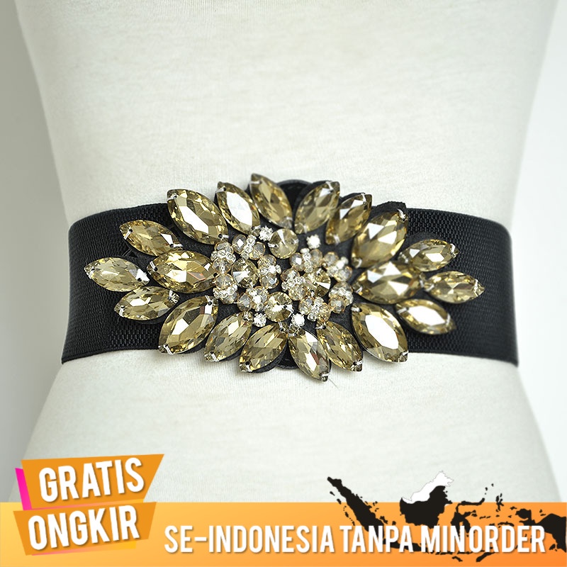 Sabuk Ikat Pinggang Belt Fashion Wanita Berlian Imitasi Populer Dekorasi Manik-manik Kristal Lebar I