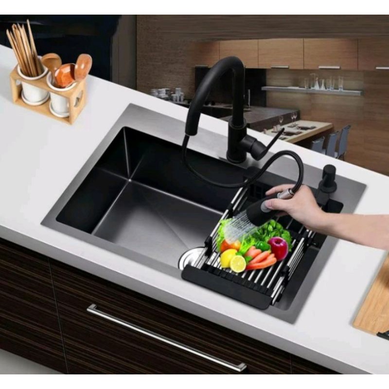 Paket sink onan 5040 black kran tarik panas dingin / paket bak cuci piring 5040 onan