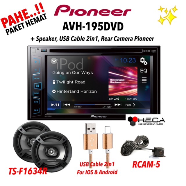Paket Audio Mobil Pioneer AVH-195DVD AVH195DVD Tape AVH 195 DVD 195DVD + Speaker, Camera, USB Cable