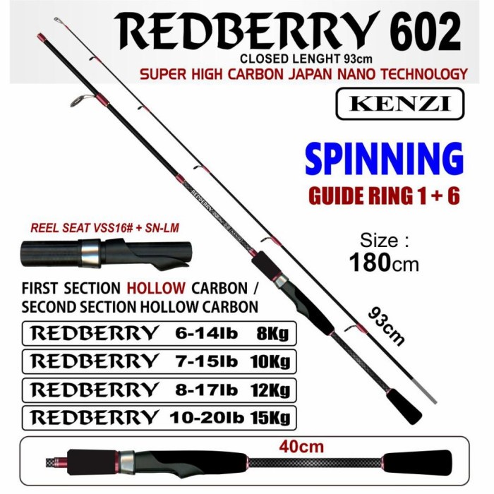 Joran kenzi redberry 180 cm pilihan 14lb 15lb 17lb 20lb harga per 1pc - Hitam 15lb