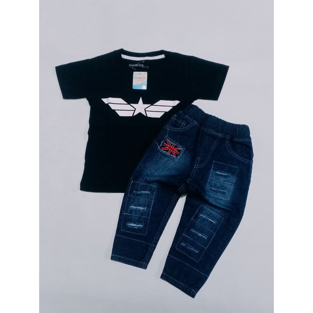 BAJU STELAN ANAK LAKI LAKI KAOS DISTRO DAN CELANA RIPPED BENDERA PPREMIUM OSHBOSS 1-AVENGER