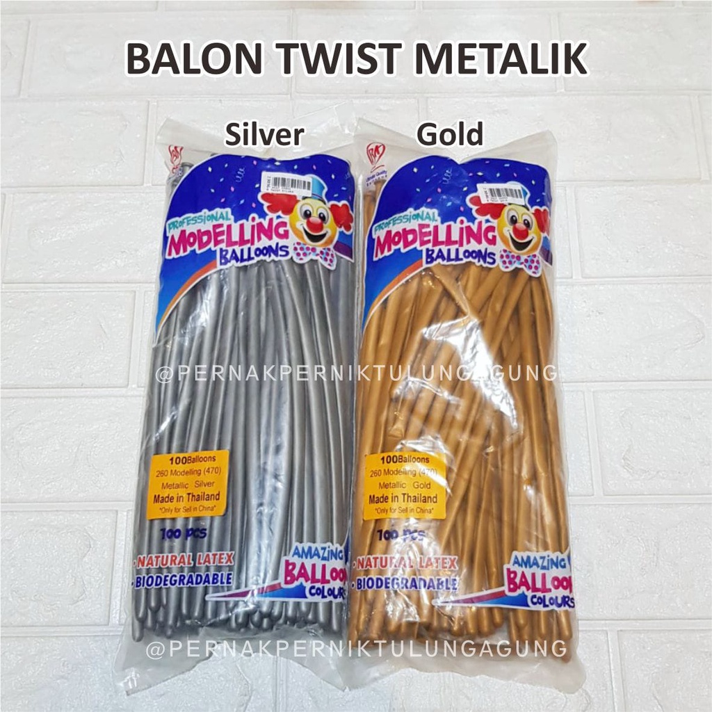 Balon Twist Metalik isi 100pcs - Gold, Silver - Balon Pentil Twisting Ballons