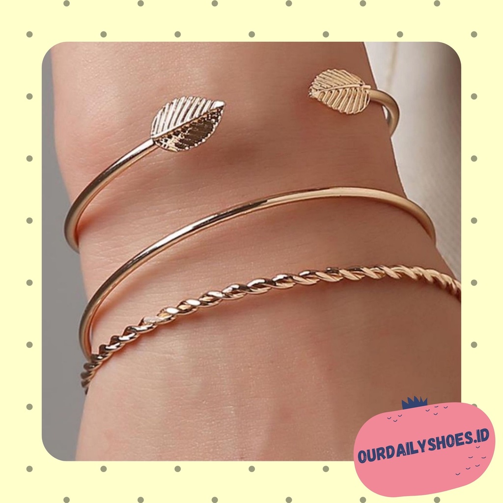 ★ODS★ FA120 Set 3Pcs Gelang Bangle  Motif Daun untuk Wanita