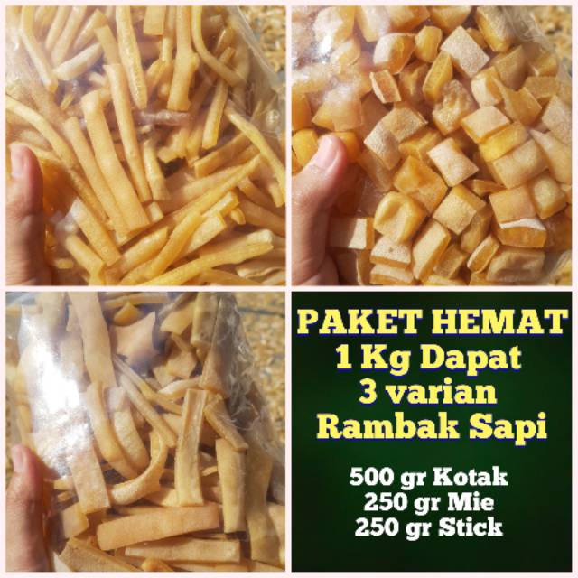 

Rambak Kulit Sapi Mentah Krecek Rambak Sapi Langsung Goreng Paket Hemat (Kotak 500 gram, Mie dan Stik 250 gram)