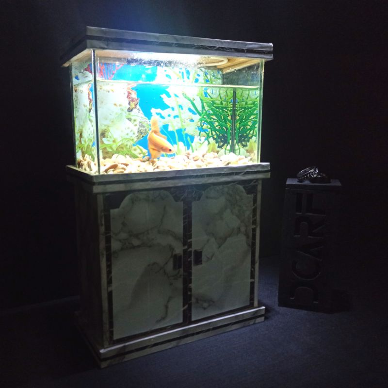 Aquarium Mini A17 Fullset (Kaca+Meja+Lampu+Batre+Batu Hias+Ikan Cupang) + Bundling 3 pakan dan obat, aquarium fullset, lampu led,background aquarium, aquarium mini, aquarium besar, akuarium, akuarium mini, akuarium besar, soliter, aquascape, akuarium ikan