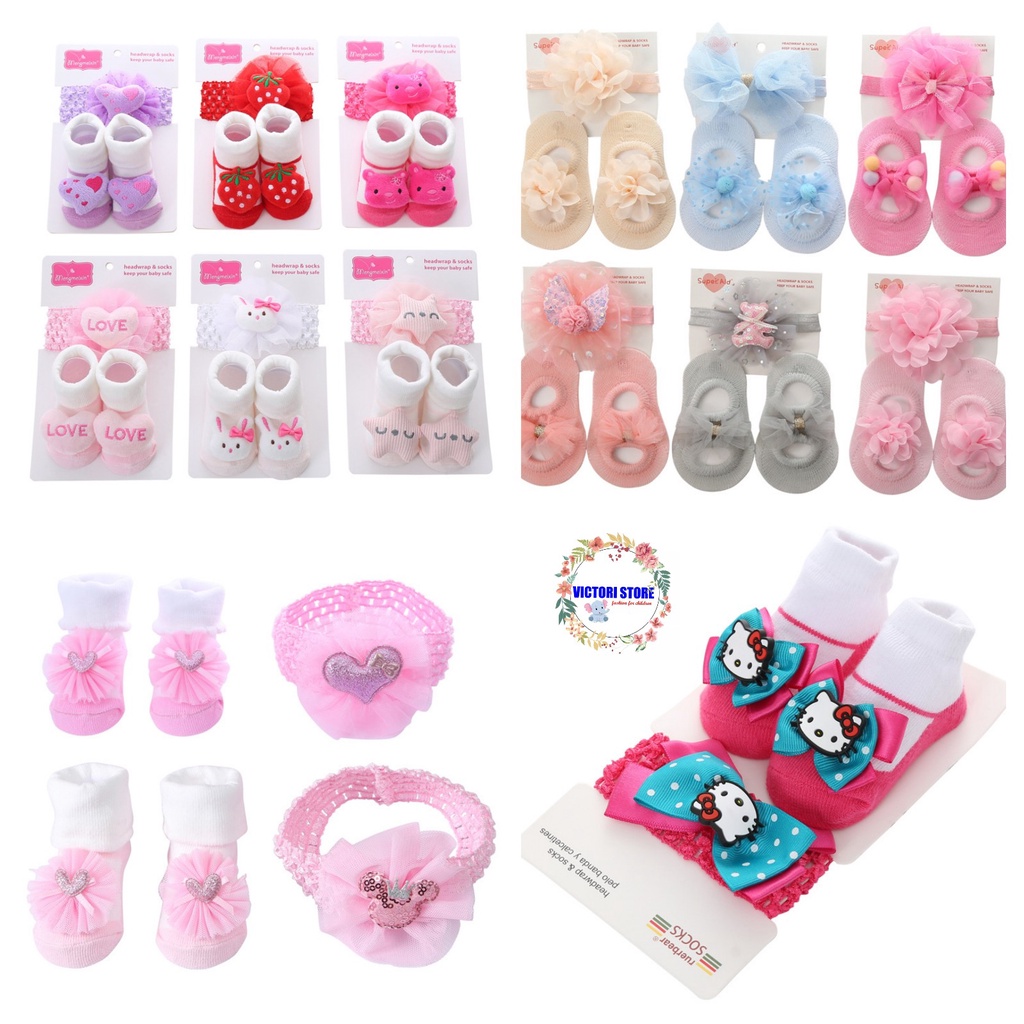 Set Kaos Kaki dan Bandana Bayi Newborn Import Victori Baby Set 2in1